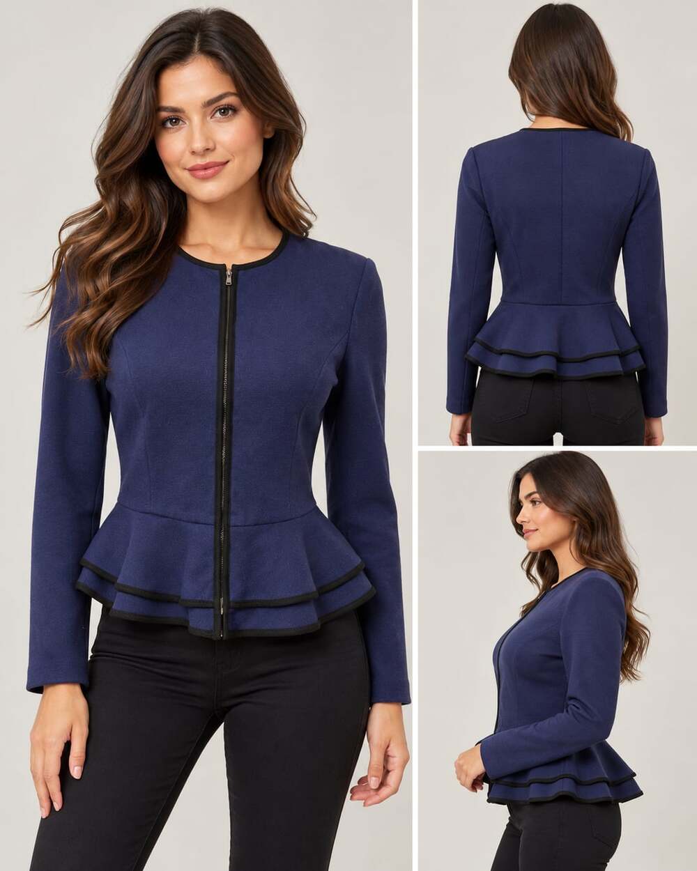 Valerie Bertinelli Peplum Jacket Size S Navy Zip Front Ruffle Blazer